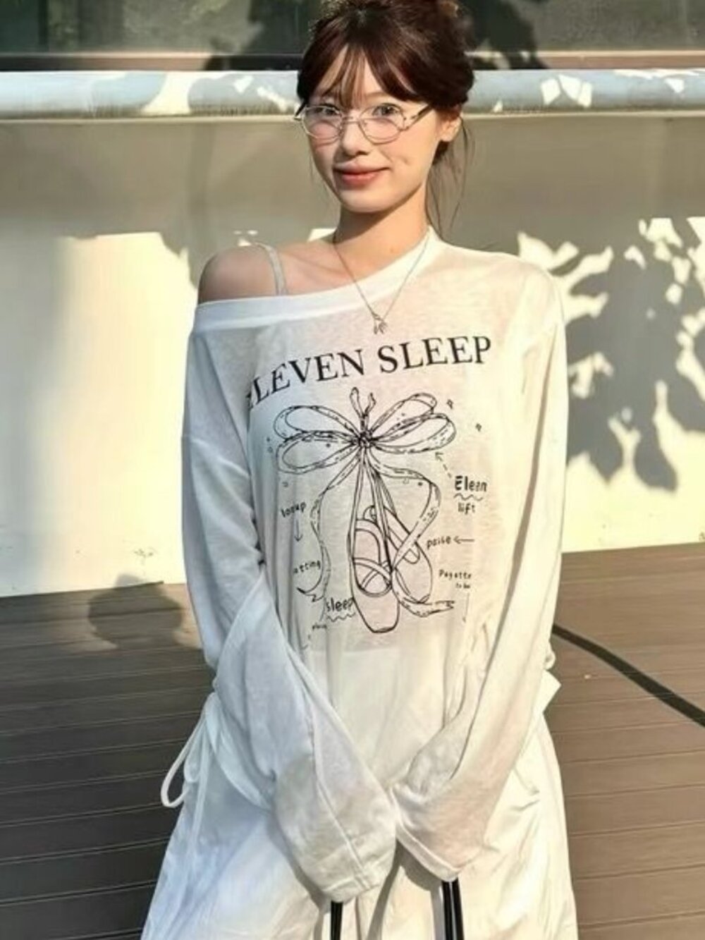 White Oversized Off Shoulder Graphic Long Sleeve Top L